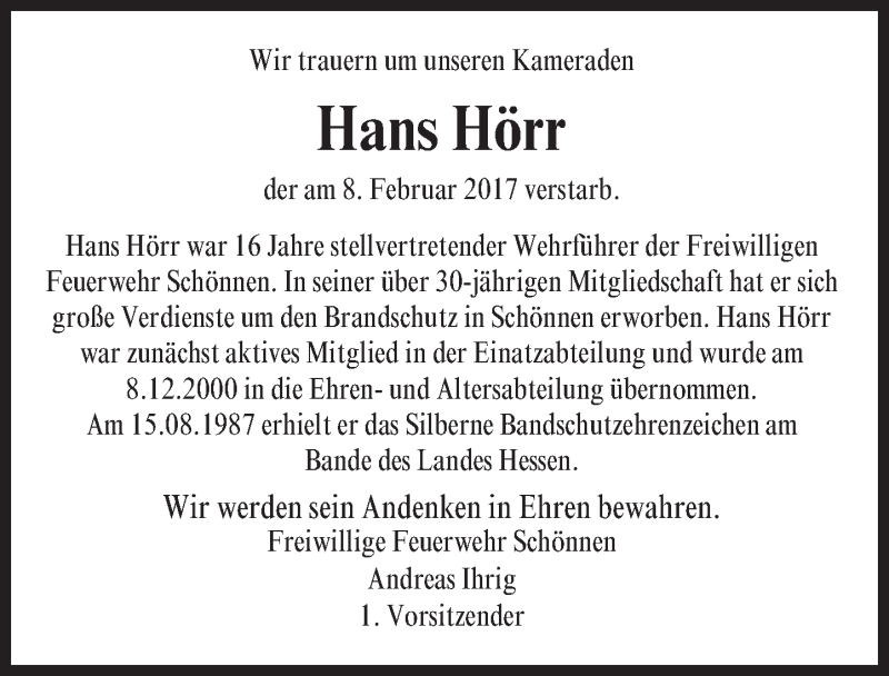  Traueranzeige für Hans Hörr vom 15.02.2017 aus Trauerportal Echo Online