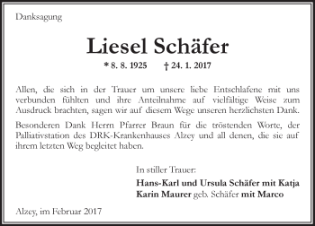 Traueranzeige von Liesel Schäfer von Trauerportal Rhein Main Presse
