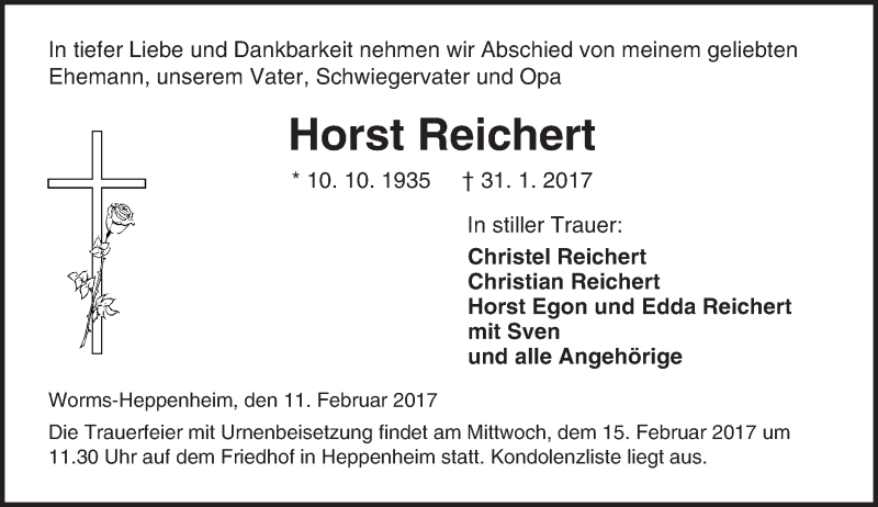  Traueranzeige für Horst Reichert vom 11.02.2017 aus Trauerportal Rhein Main Presse
