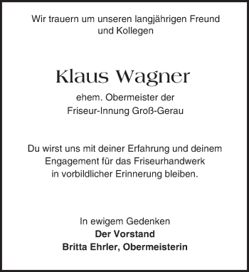 Traueranzeige von Klaus Wagner von Trauerportal Echo Online