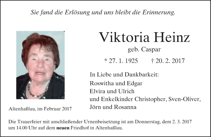  Traueranzeige für Viktoria Heinz vom 25.02.2017 aus  Gelnhäuser Tageblatt
