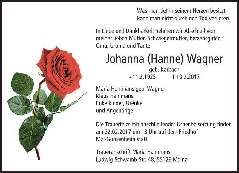  Traueranzeige für Johanna  Wagner vom 18.02.2017 aus Trauerportal Rhein Main Presse
