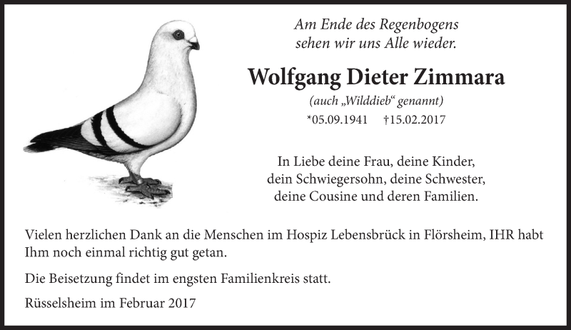  Traueranzeige für Wolfgang Dieter Zimmara vom 18.02.2017 aus Trauerportal Rhein Main Presse