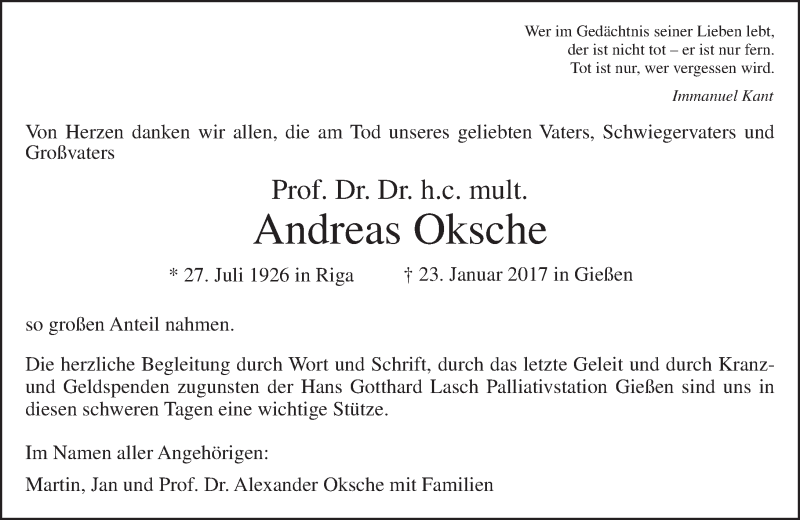  Traueranzeige für Andreas Oksche vom 11.02.2017 aus  Gießener Anzeiger