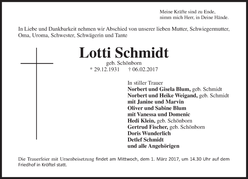  Traueranzeige für Lotti Schmidt vom 24.02.2017 aus Trauerportal Rhein Main Presse