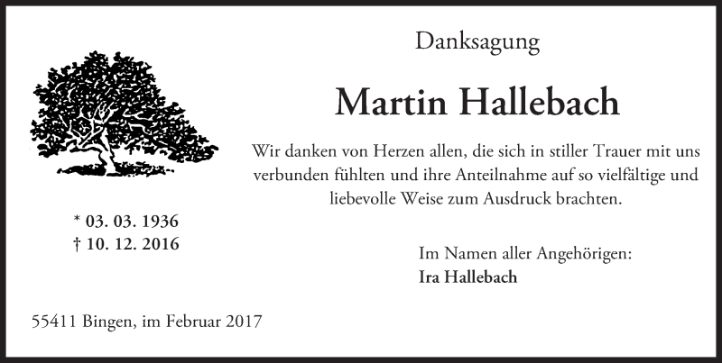 Traueranzeige für Martin Hallebach vom 11.02.2017 aus Trauerportal Rhein Main Presse