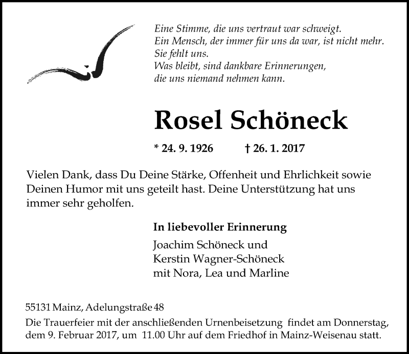  Traueranzeige für Rosel Schöneck vom 04.02.2017 aus Trauerportal Rhein Main Presse