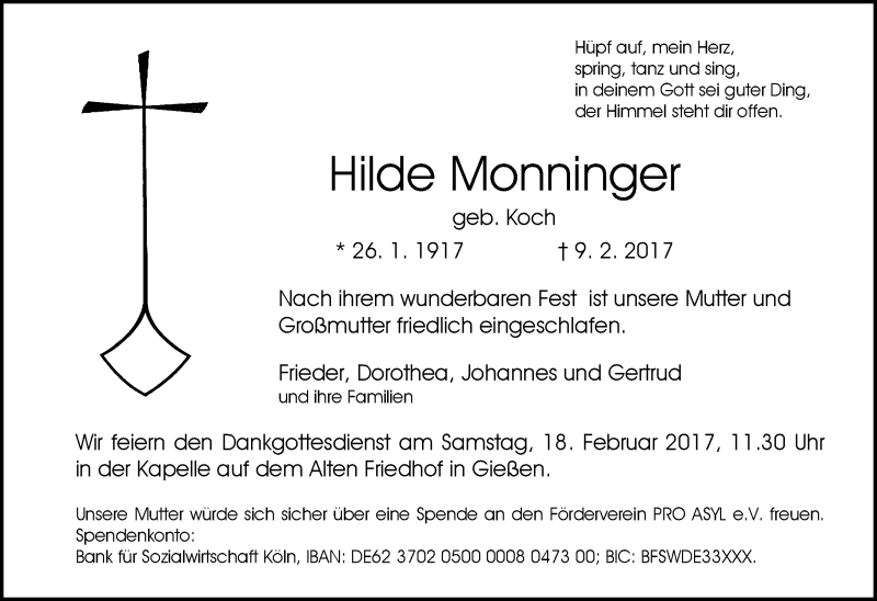  Traueranzeige für Hilde Monninger vom 14.02.2017 aus  Gießener Anzeiger