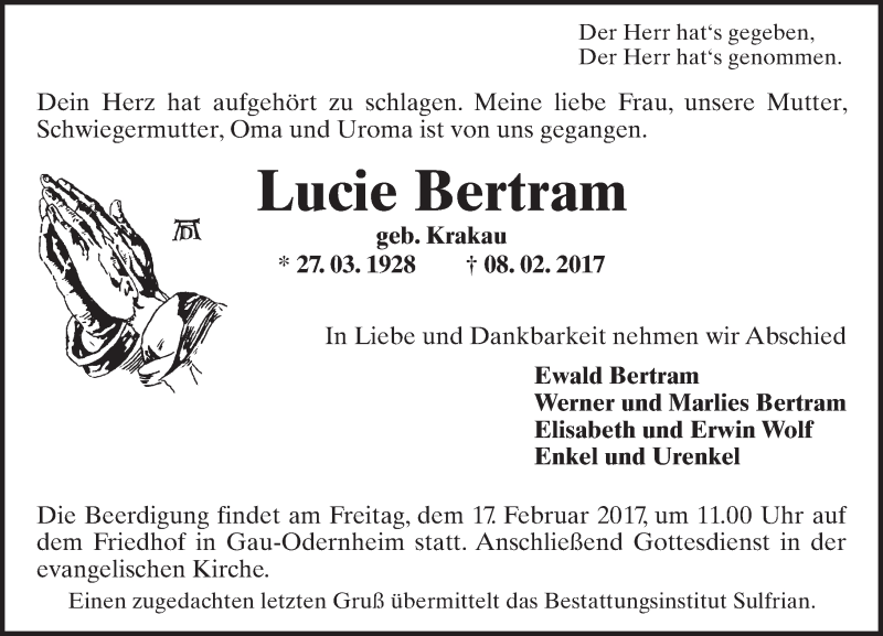  Traueranzeige für Lucie Bertram vom 14.02.2017 aus Trauerportal Rhein Main Presse