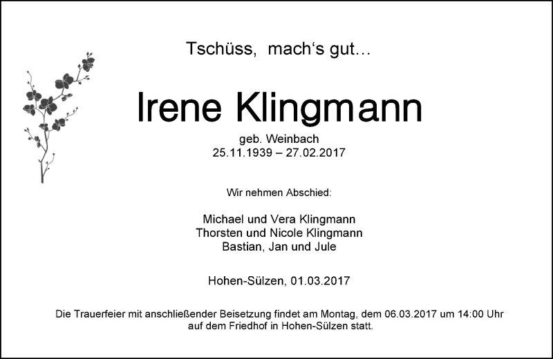  Traueranzeige für Irene Klingmann vom 01.03.2017 aus Trauerportal Rhein Main Presse