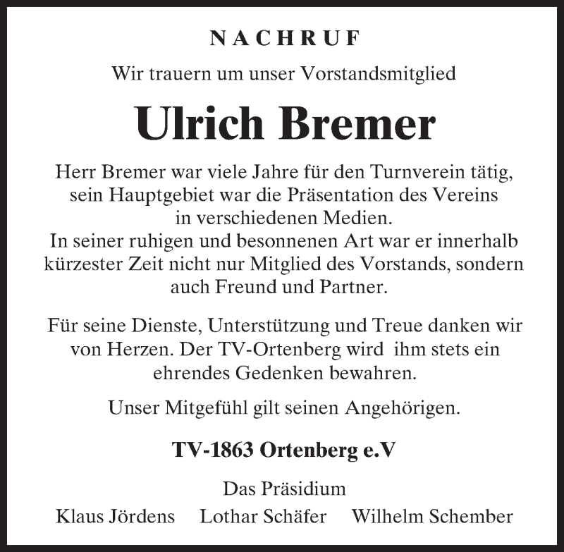  Traueranzeige für Ulrich Bremer vom 25.02.2017 aus  Kreisanzeiger