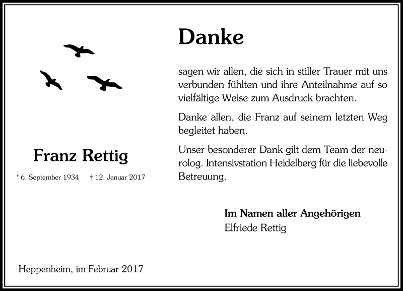  Traueranzeige für Franz Rettig vom 11.02.2017 aus Trauerportal Echo Online