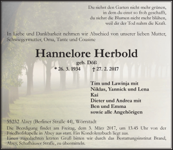 Traueranzeige von Hannelore Herbold von Trauerportal Rhein Main Presse