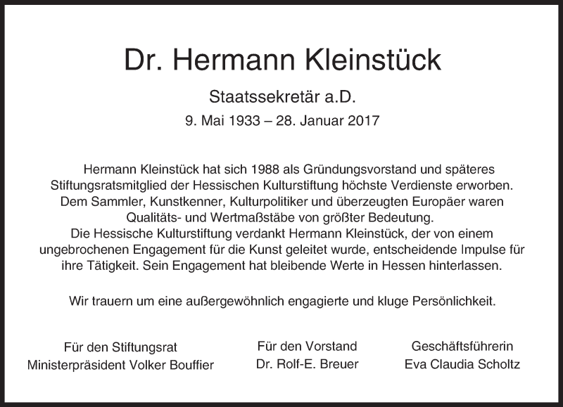  Traueranzeige für Hermann Kleinstück vom 02.02.2017 aus Trauerportal Echo Online
