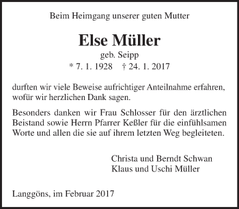 Traueranzeige von Else Müller von  Gießener Anzeiger