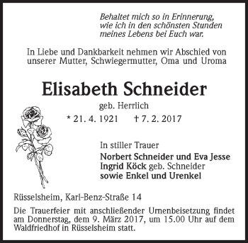 Traueranzeige von Elisabeth Schneider von Trauerportal Rhein Main Presse