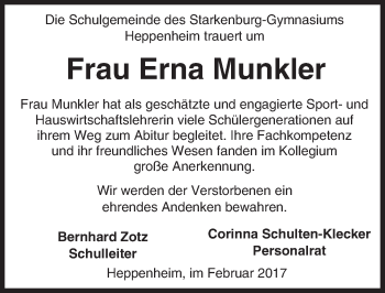 Traueranzeige von Erna Munkler von Trauerportal Echo Online