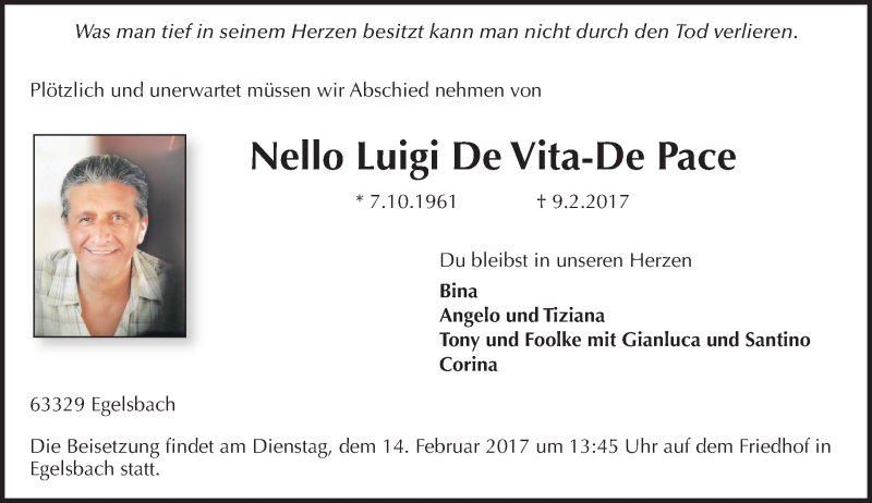  Traueranzeige für NeIIo Luigi  De Vita-DePace vom 11.02.2017 aus Trauerportal Echo Online