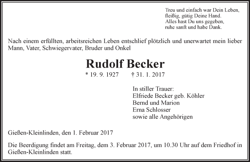  Traueranzeige für Rudolf Becker vom 01.02.2017 aus  Gießener Anzeiger