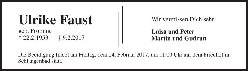  Traueranzeige für Ulrike Faust vom 15.02.2017 aus Trauerportal Rhein Main Presse