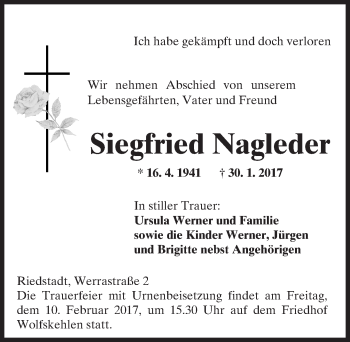 Traueranzeige von Siegfried Nagleder von Trauerportal Echo Online