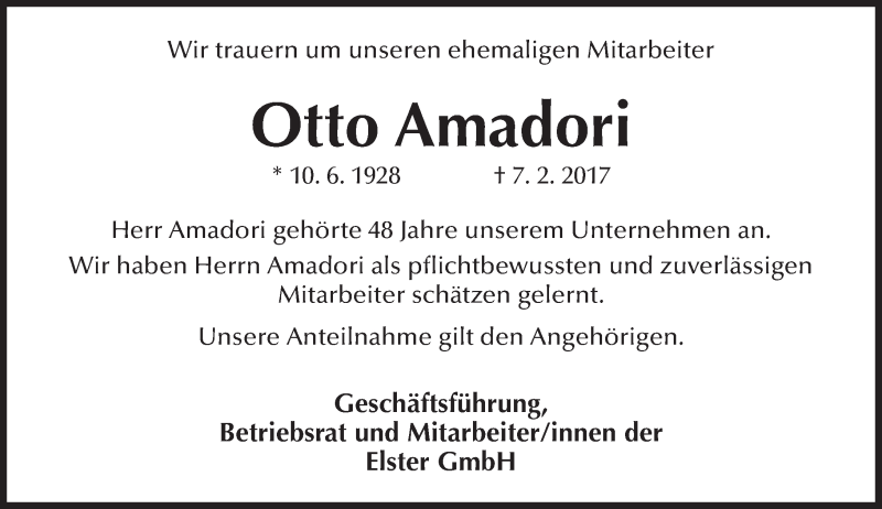  Traueranzeige für Otto Amadori vom 18.02.2017 aus Trauerportal Rhein Main Presse