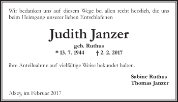 Traueranzeige von Judith Janzer von Trauerportal Rhein Main Presse