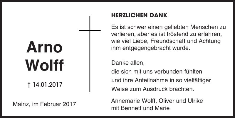  Traueranzeige für Arno Wolff vom 18.02.2017 aus Trauerportal Rhein Main Presse