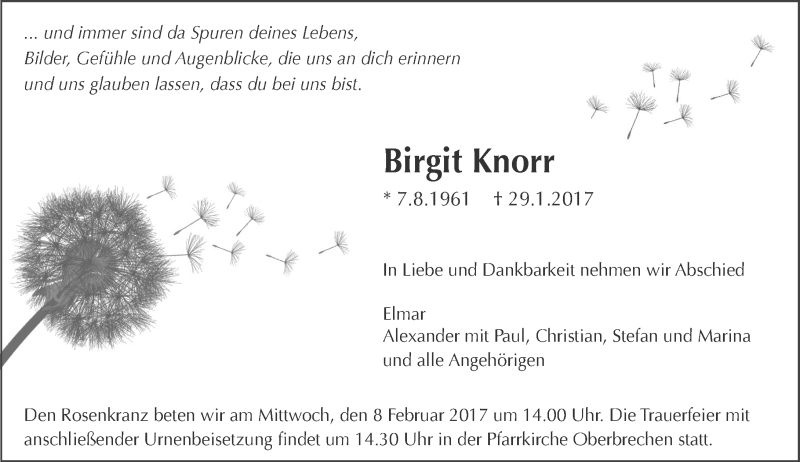  Traueranzeige für Birgit Knorr vom 02.02.2017 aus  Camberger Anzeiger