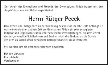 Traueranzeige von Rütger Peeck von  Kreisanzeiger
