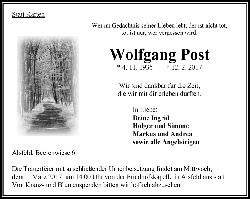  Traueranzeige für Wolfgang Post vom 25.02.2017 aus VRM Trauer