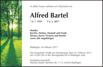 Traueranzeige von Alfred Bartel von  Kreisanzeiger