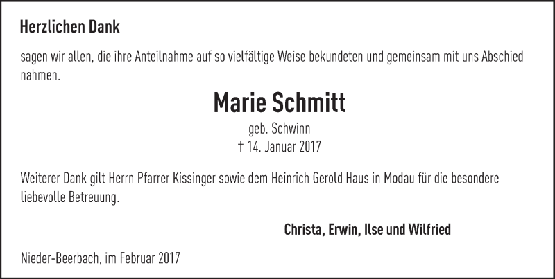  Traueranzeige für Marie Schmitt vom 04.02.2017 aus Trauerportal Echo Online