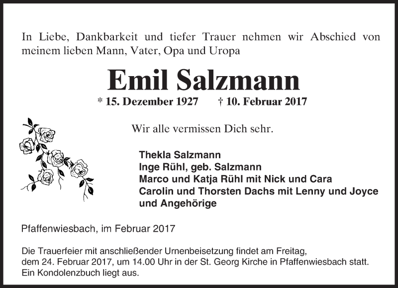  Traueranzeige für Emil Salzmann vom 18.02.2017 aus  Usinger Anzeiger