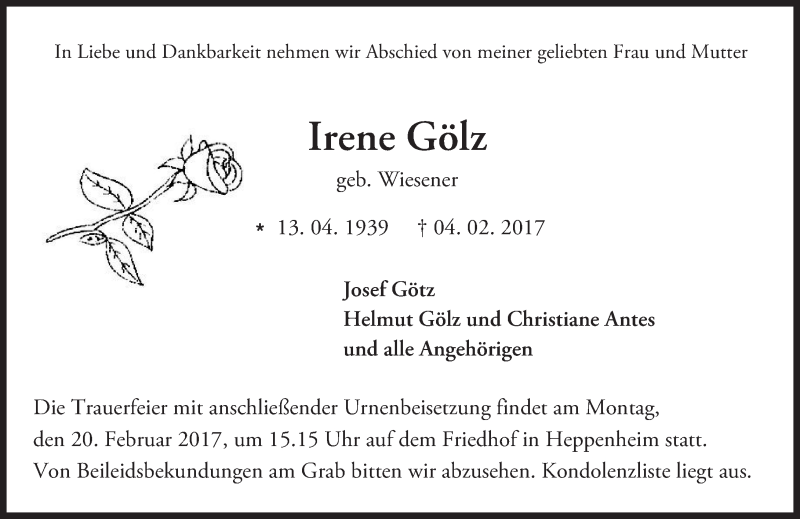  Traueranzeige für Irene Gölz vom 18.02.2017 aus Trauerportal Echo Online
