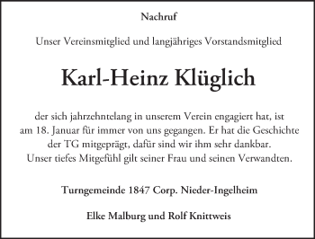 Traueranzeige von Karl-Heinz Klüglich von Trauerportal Rhein Main Presse
