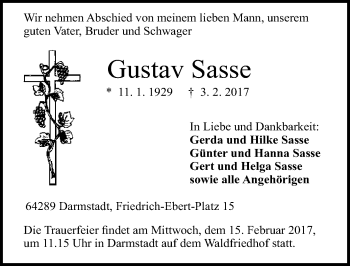 Traueranzeige von Gustav Sasse von Trauerportal Echo Online