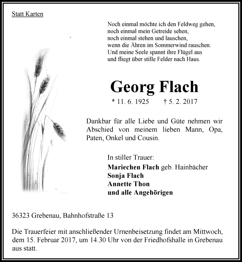  Traueranzeige für Georg Flach vom 11.02.2017 aus VRM Trauer