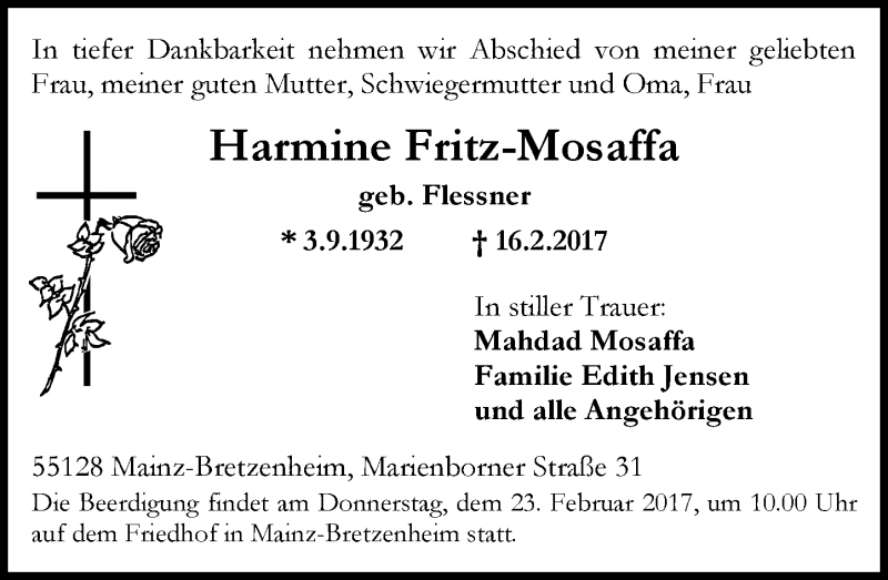  Traueranzeige für Harmine Fritz-Mosaffa vom 21.02.2017 aus Trauerportal Rhein Main Presse