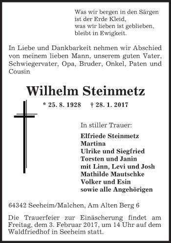 Traueranzeige von Wilhelm Steinmetz von Trauerportal Echo Online