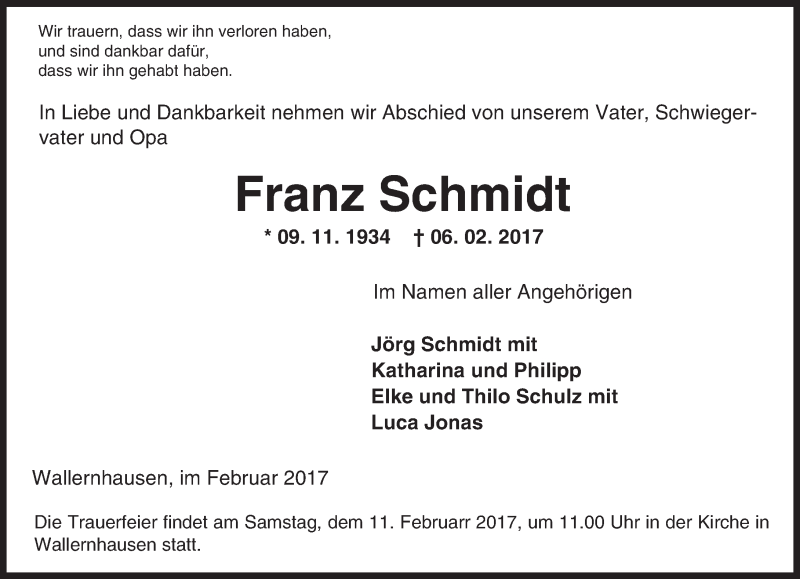  Traueranzeige für Franz Schmidt vom 09.02.2017 aus  Kreisanzeiger