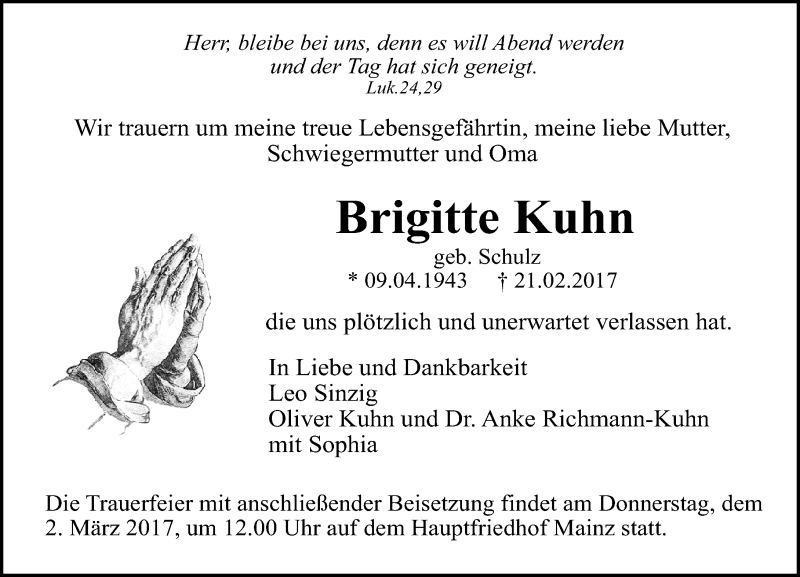  Traueranzeige für Brigitte Kuhn vom 25.02.2017 aus Trauerportal Rhein Main Presse