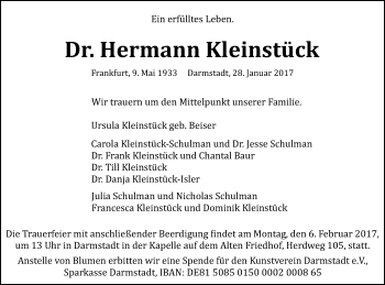 Traueranzeige von Hermann Kleinstück von Trauerportal Echo Online