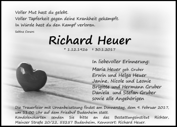 Traueranzeige von Richard Heuer von Trauerportal Rhein Main Presse