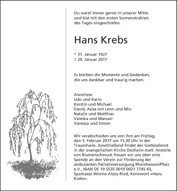 Traueranzeige von Hans Krebs von Trauerportal Rhein Main Presse