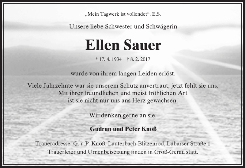  Traueranzeige für Ellen Sauer vom 18.02.2017 aus  Lauterbacher Anzeiger