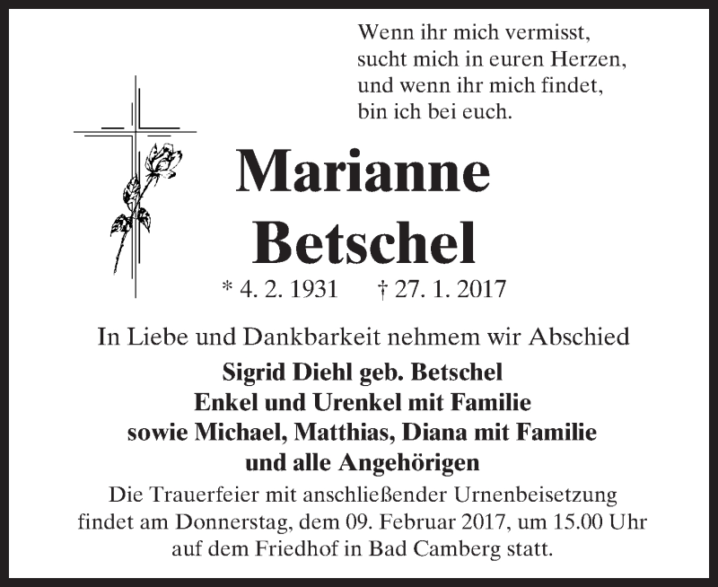  Traueranzeige für Marianne Betschel vom 02.02.2017 aus  Camberger Anzeiger