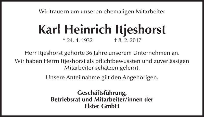  Traueranzeige für Karl Heinrich Itjeshorst vom 17.02.2017 aus Trauerportal Rhein Main Presse