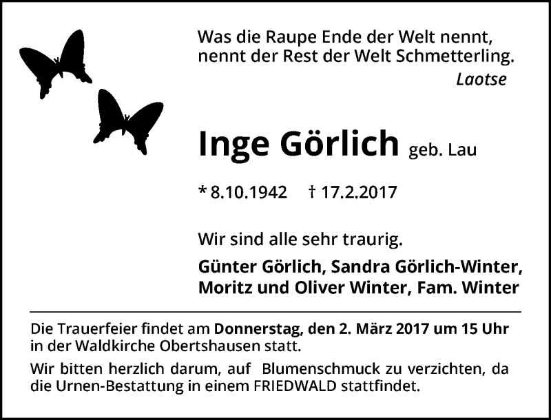  Traueranzeige für Inge Görlich vom 25.02.2017 aus Trauerportal Rhein Main Presse
