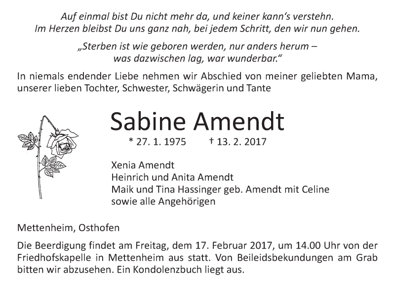  Traueranzeige für Sabine Amendt vom 15.02.2017 aus Trauerportal Rhein Main Presse